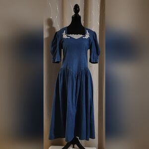 Vtg TICKETS California Denim Midi Dress Lace Eyelet Cottagecore 90s Size 9/10